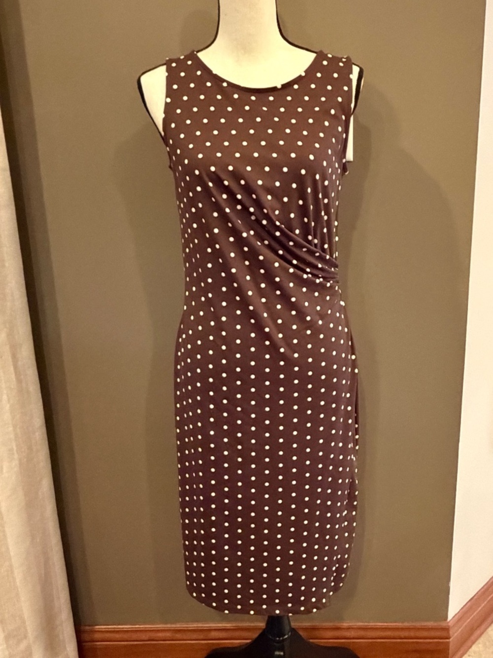 Talbots Brown Polka Dot Scoop Neck Wrap Sleeveless Dress Cottage, Size Small